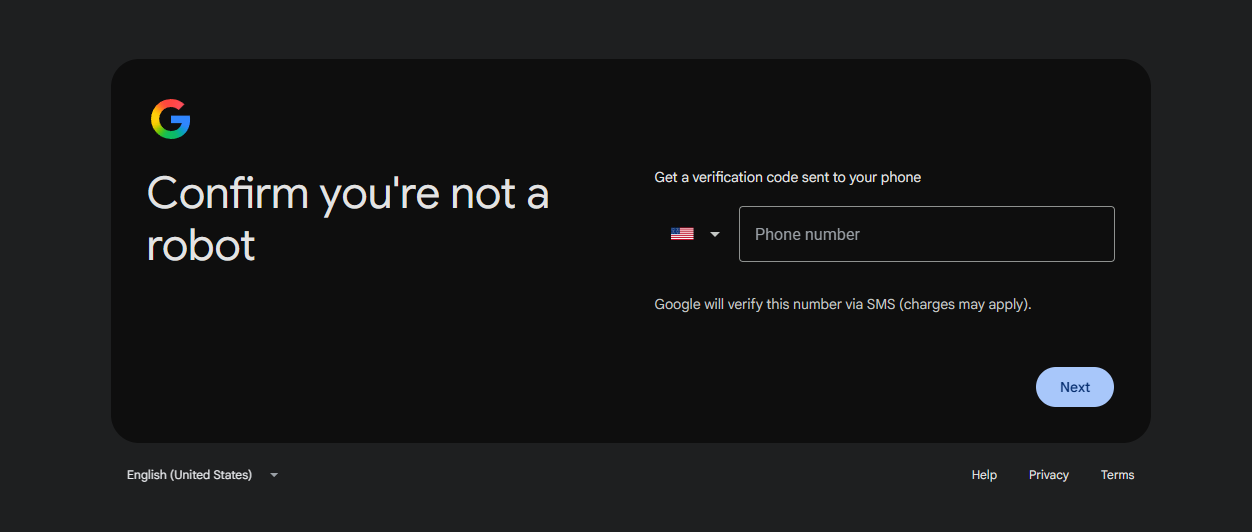 Google’s “Confirm you’re not a robot” screen asking for a phone number